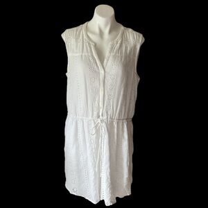 GAP • WHITE SLEEVELESS EYELET CRINKLE LACE SHIRT DRESS KNEE LENGTH ELASTIC WAIST